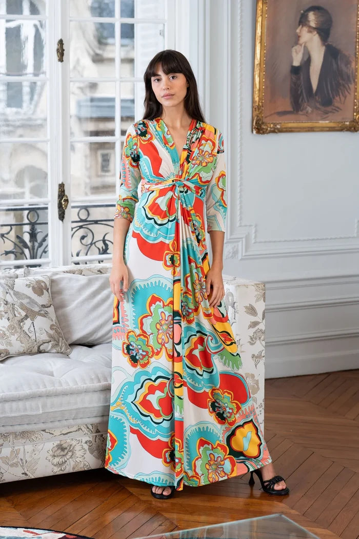 Model wears an Elegance Miss retro floral maxi dress