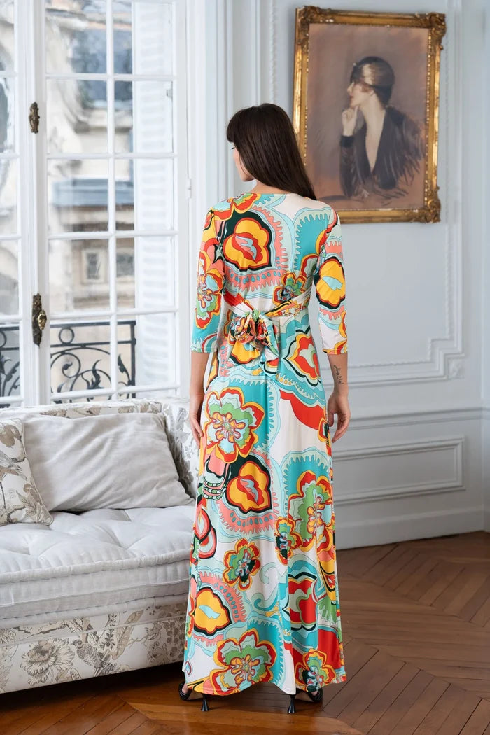 Model wearing Elegance Miss maxi dress in a Parisian apartment