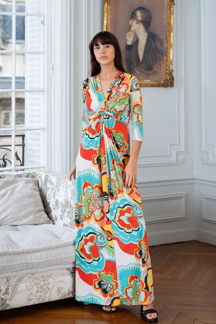 Model dons vintage-style floral maxi dress