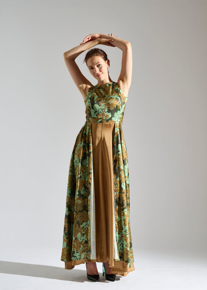 Second Full view of Gio black sleeveless maxi dress with brown and green floral pattern.