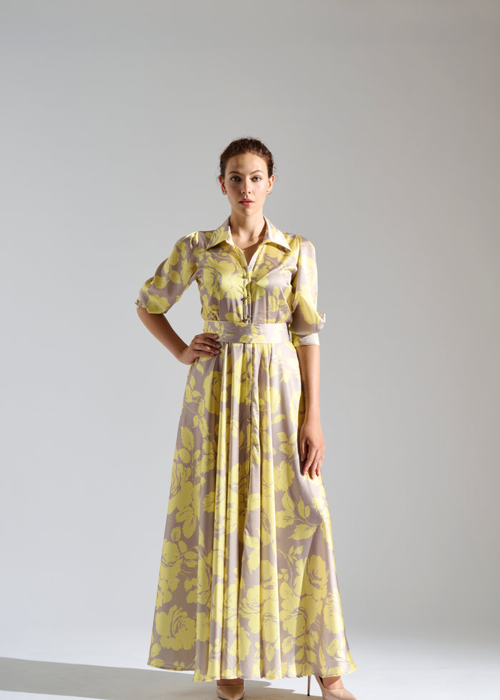 Full view of Kayz pastel maxi dress with white floral pattern.