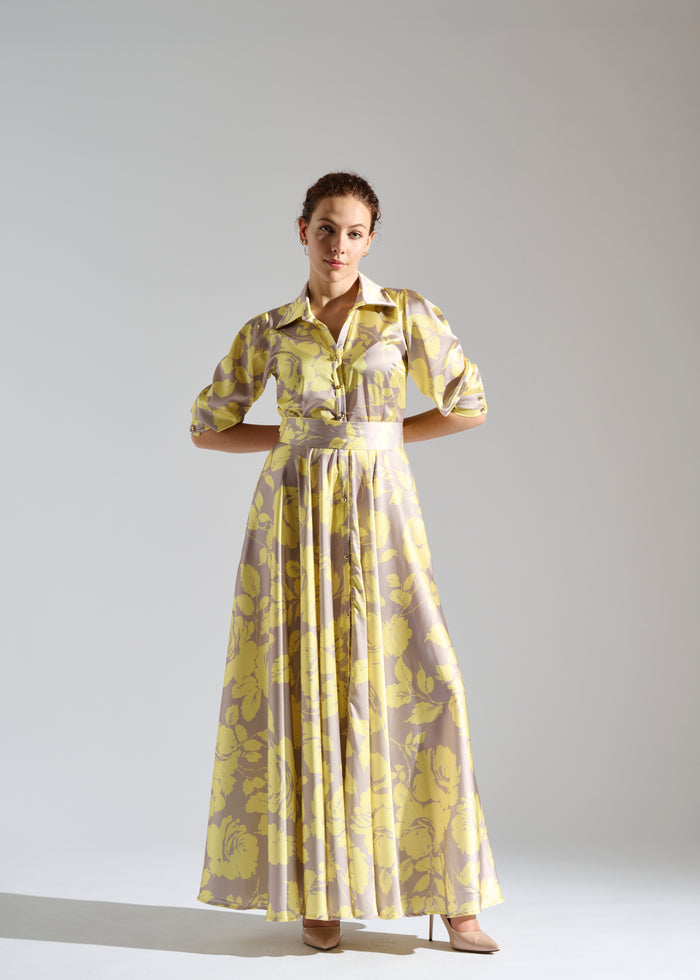 Second Full view of Kayz pastel maxi dress with white floral pattern.