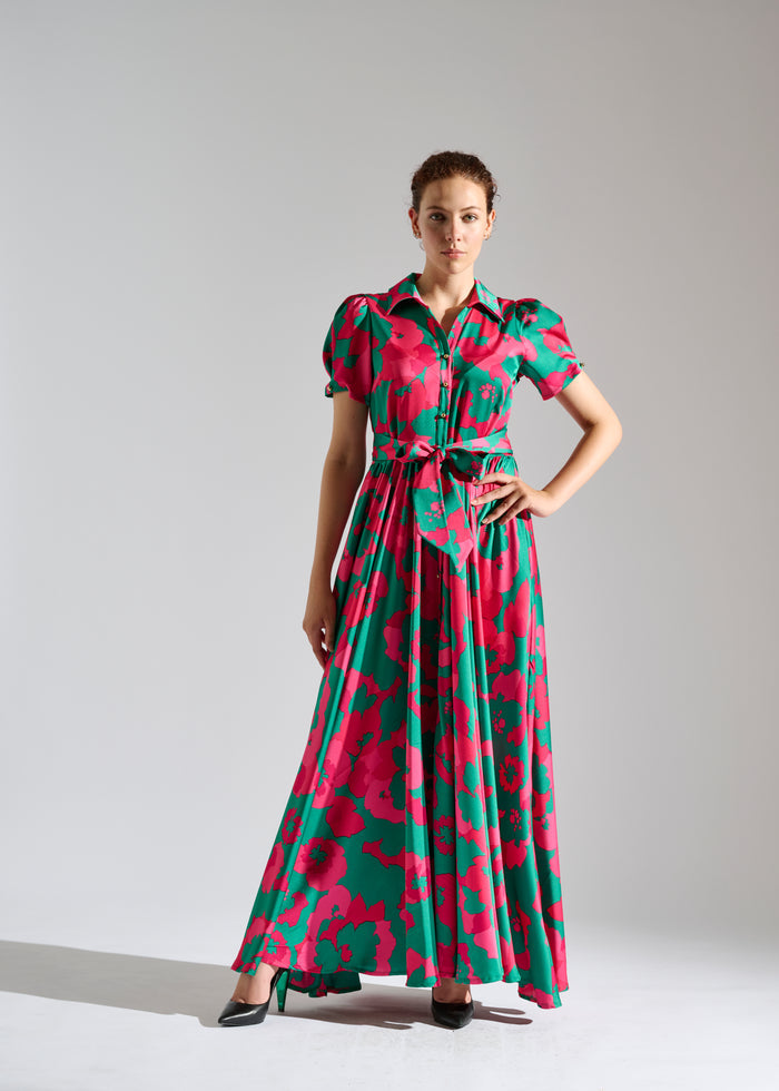 Kimberle green and red floral-patterned maxi dress.