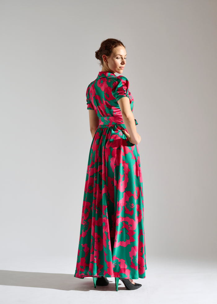 Back view of Kimberle green and red floral-patterned maxi dress.
