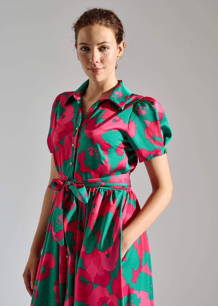 Second Close up of Kimberle green and red floral-patterned maxi dress.