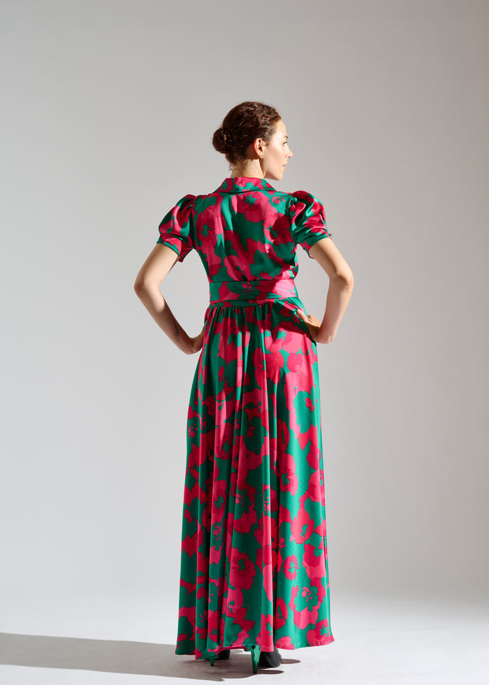 Second back view of Kimberle green and red floral-patterned maxi dress.