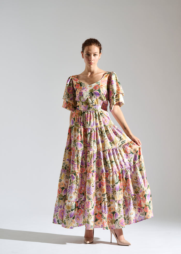Full view of Klay garden-patterned pastel maxi dress.