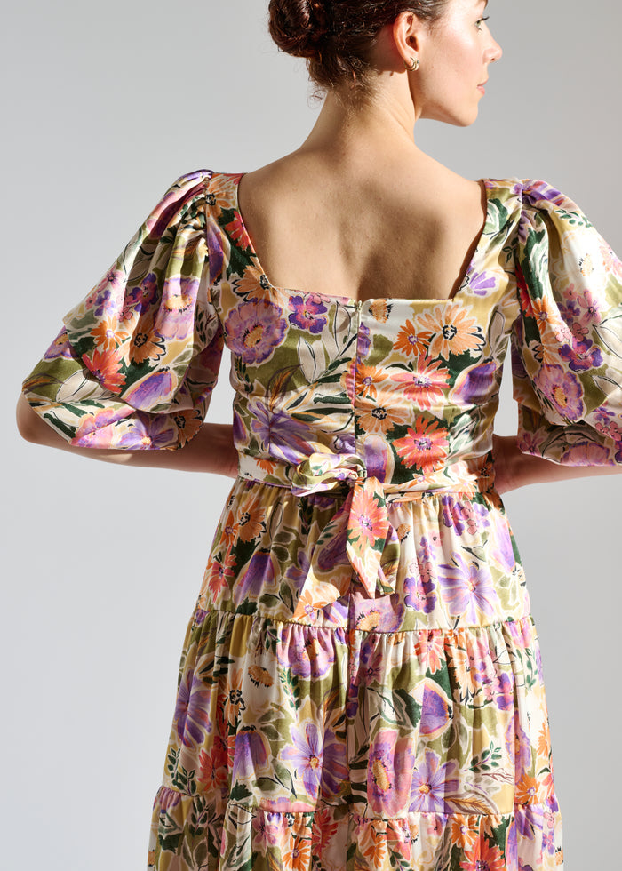 Close up of Klay garden-patterned pastel maxi dress.