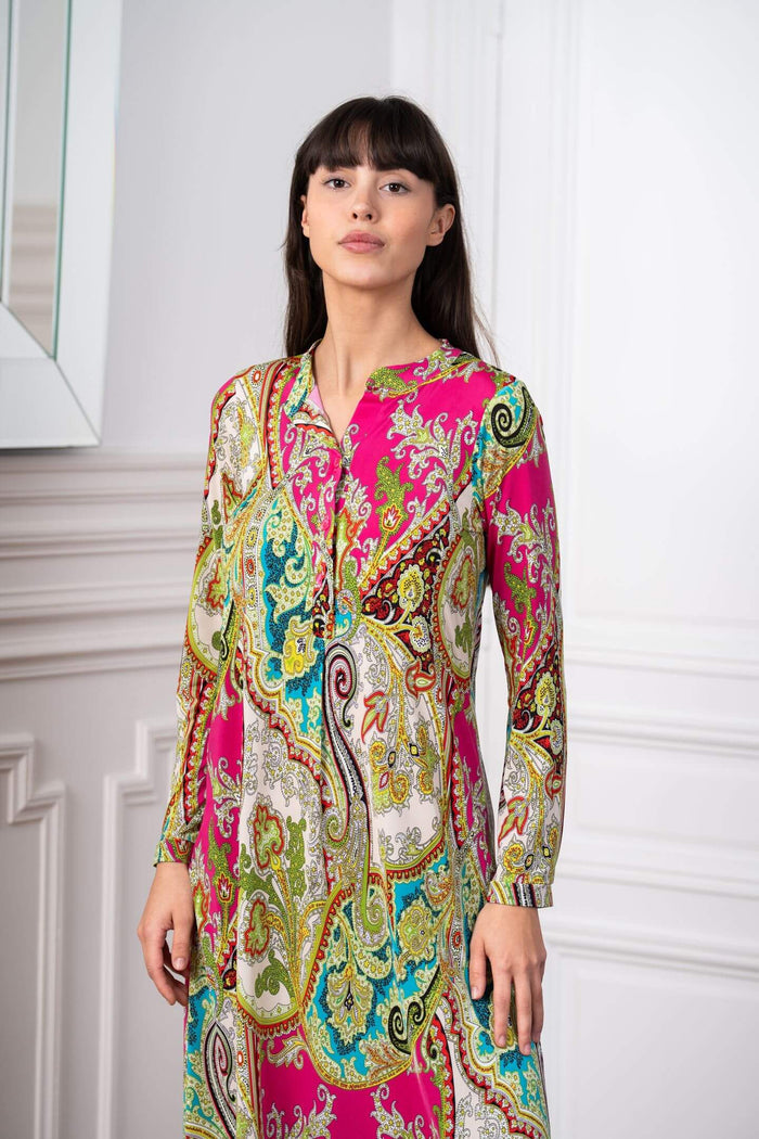 Model wears paisley printed dress