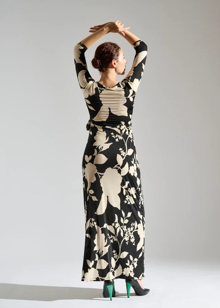 Woman models V-neck floral dress