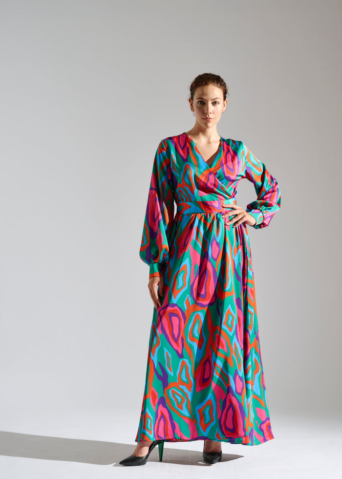 Lovei abstract-patterned green, red, and purple maxi dress.