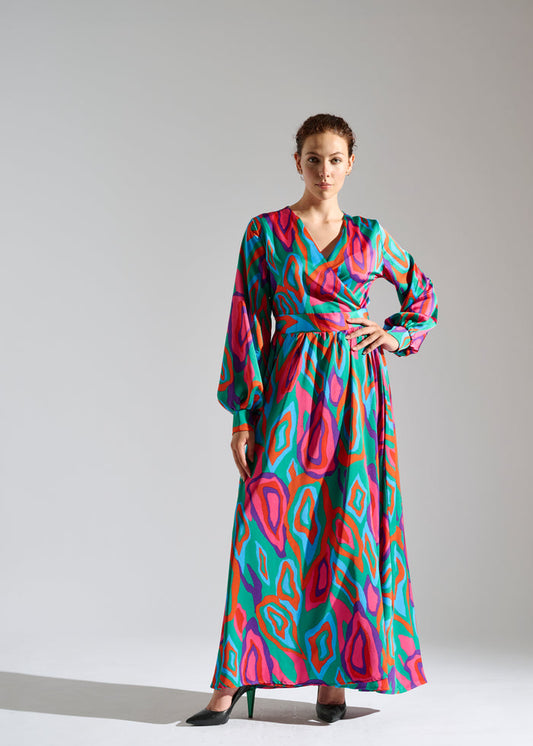 Lovei abstract-patterned green, red, and purple maxi dress.