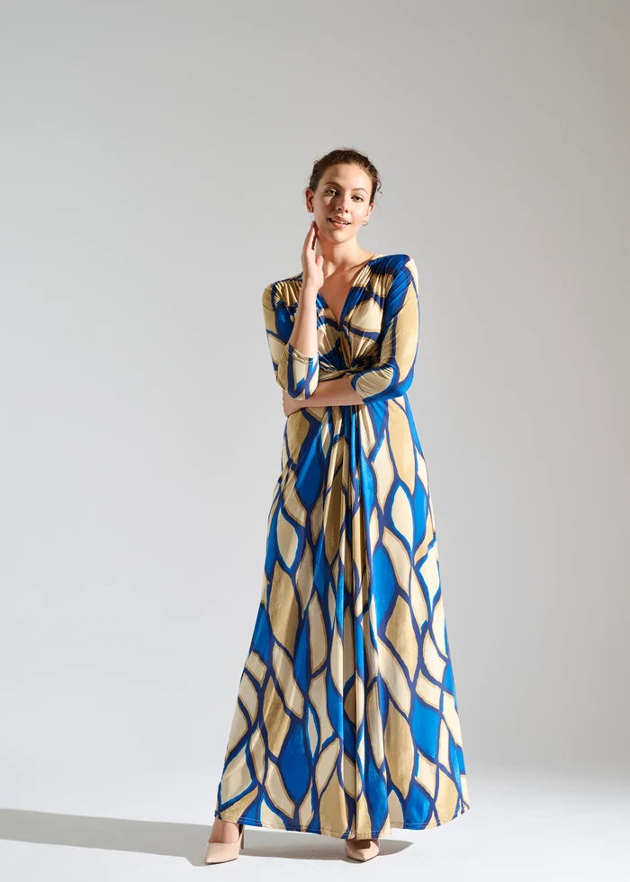 Woman wearing leaf print dress