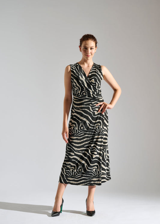 Milou black sleeveless maxi dress with animal-like pattern.