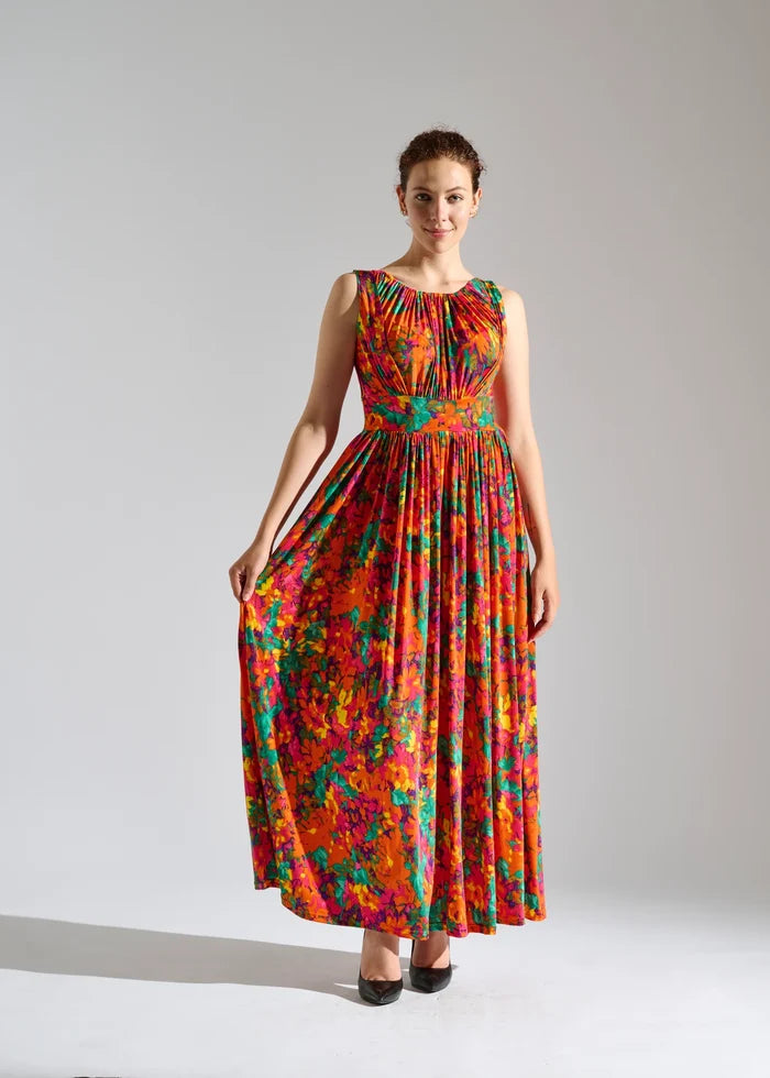 Woman wearing multicolor floral maxi dress