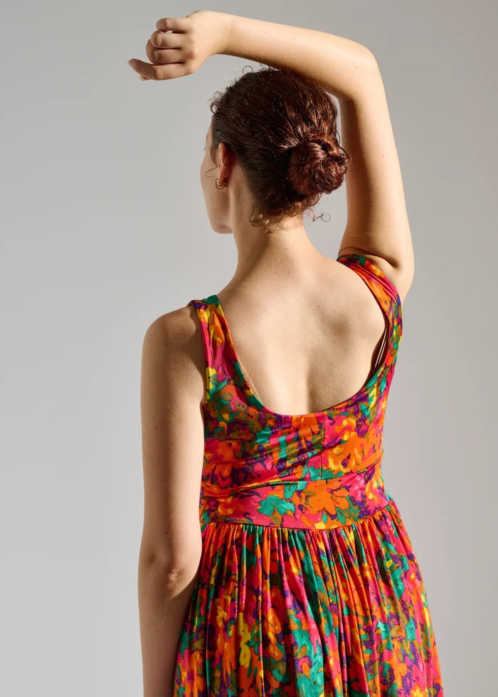 Woman models floral maxi dress