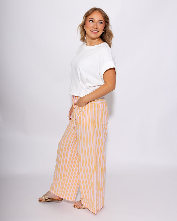 Peach Stripe Linen Drawstring Wide Leg Pants - GEEGEE - Gaudie & Co. Texas Boutique