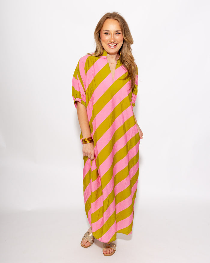Effortless Stripe Dolman Dress in Kiwi/Pink