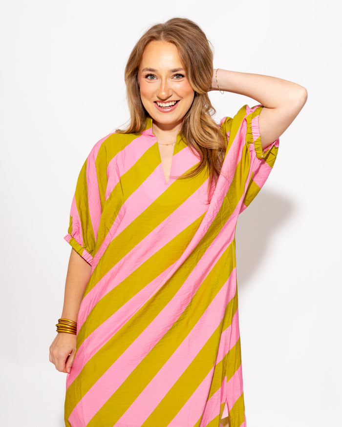 Effortless Stripe Dolman Dress in Kiwi/Pink