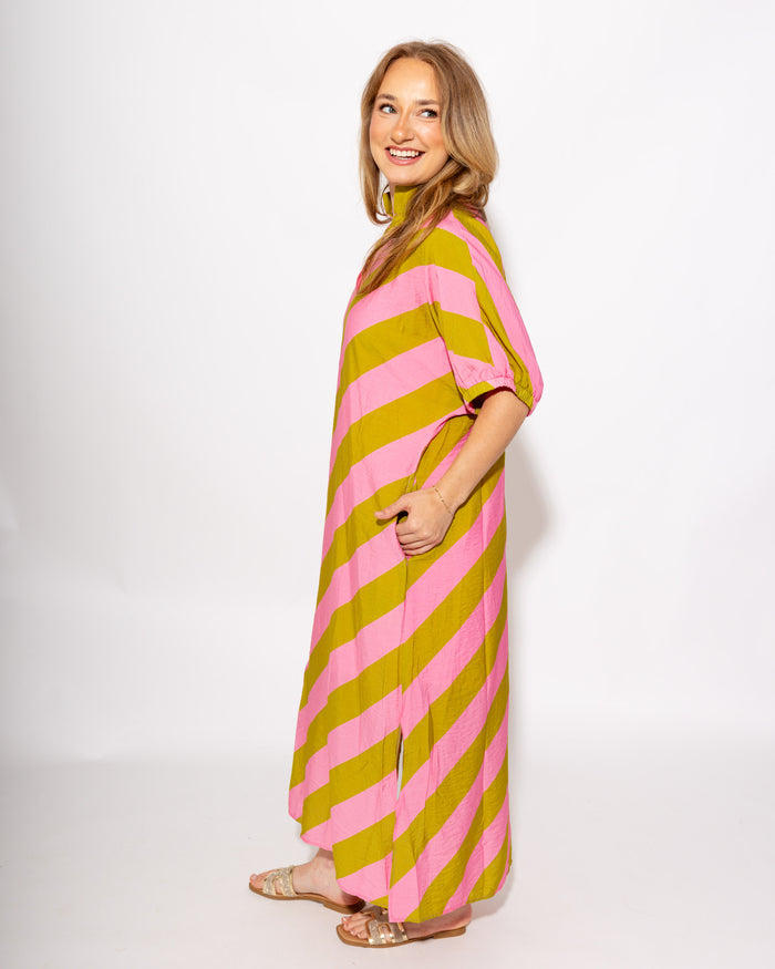 Effortless Stripe Dolman Dress in Kiwi/Pink
