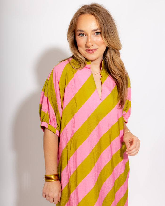 Effortless Stripe Dolman Dress in Kiwi/Pink