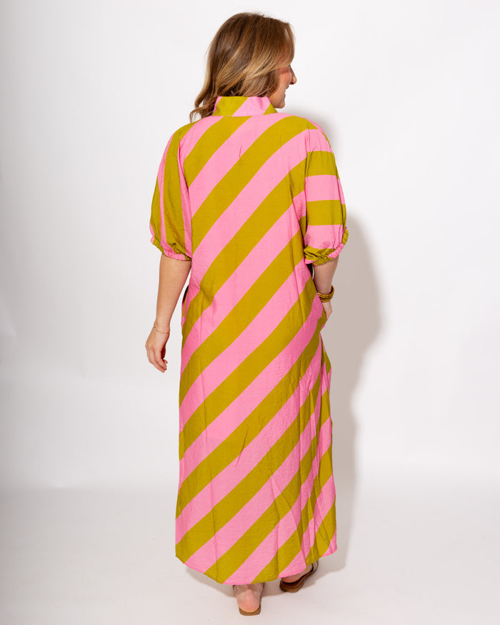 Effortless Stripe Dolman Dress in Kiwi/Pink