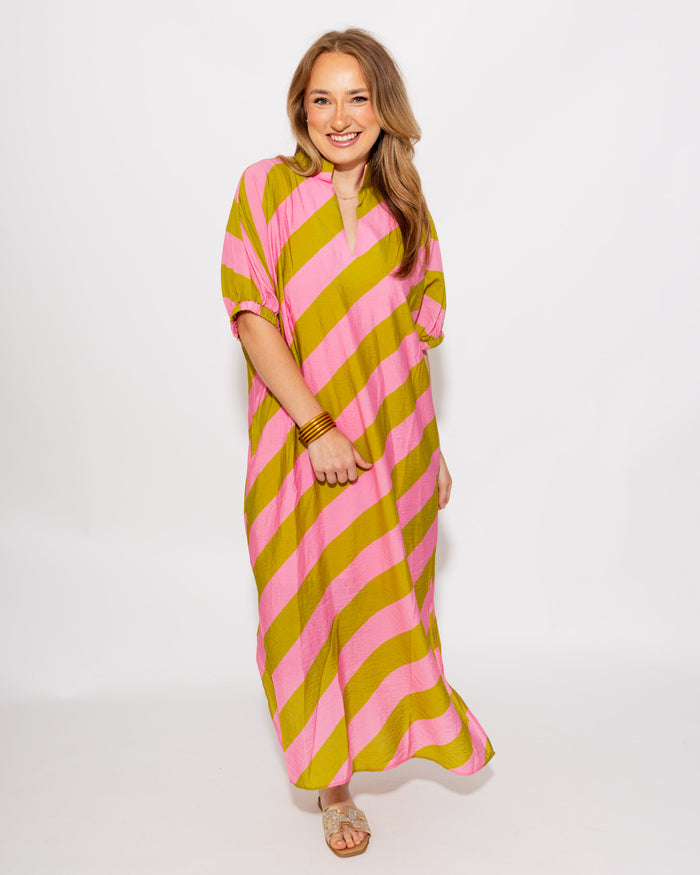 Effortless Stripe Dolman Dress in Kiwi/Pink