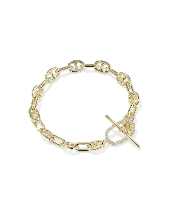 Elaina Toggle Link and Chain Bracelet in Gold White Crystal