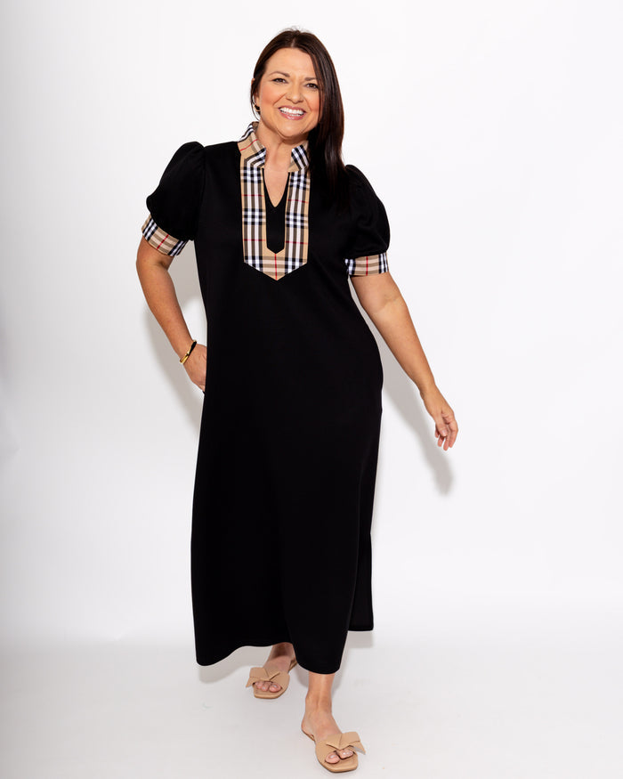 Elegant Check Contrast Midi Dress