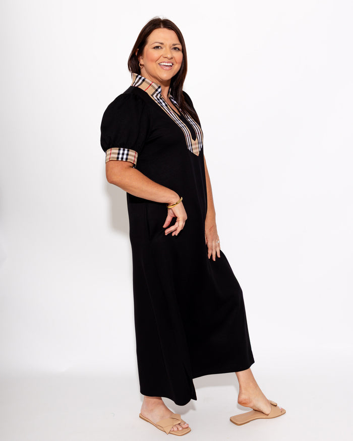 Elegant Check Contrast Midi Dress