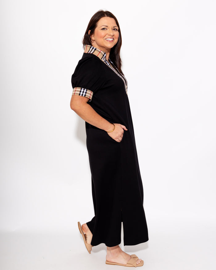 Elegant Check Contrast Midi Dress