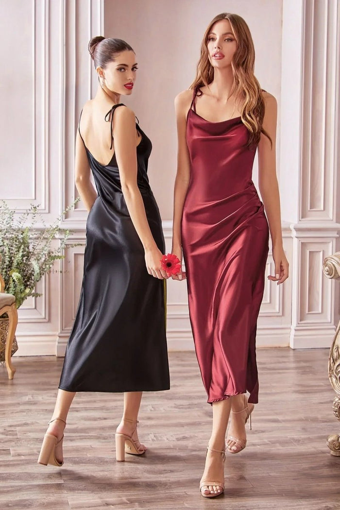 Elegant Satin Midi Dress with Cowl Neckline and Side Split for Bridesmaids - Allen-Fitness