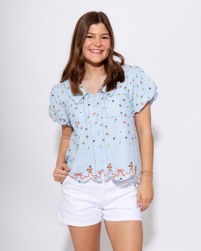 Embroidered Floral Bubble Sleeve Top