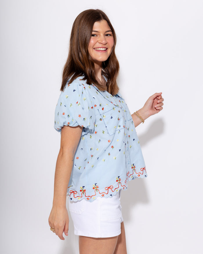 Embroidered Floral Bubble Sleeve Top
