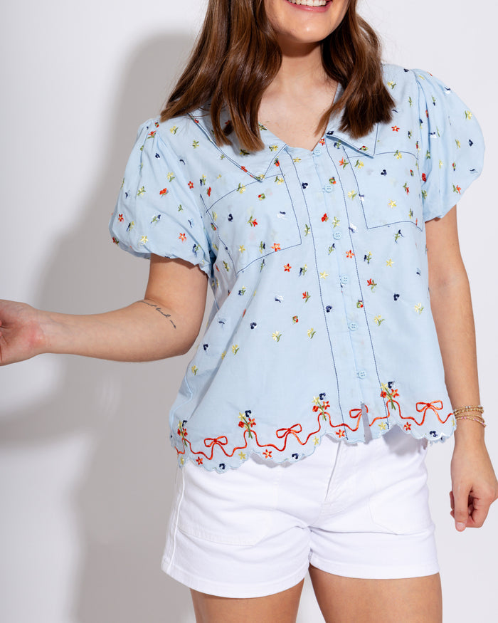 Embroidered Floral Bubble Sleeve Top