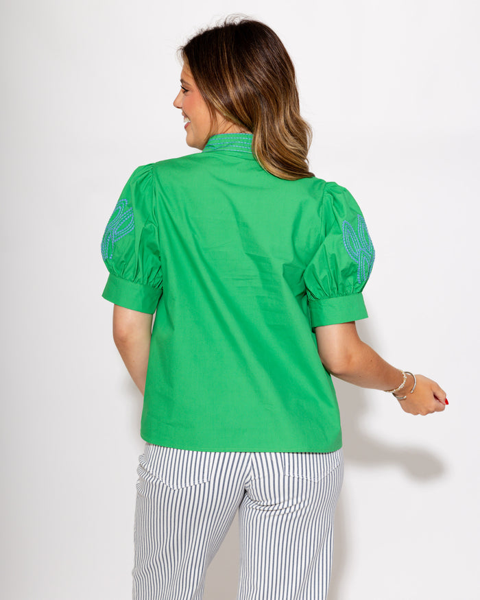 Embroidered Puff Sleeve Top in Green