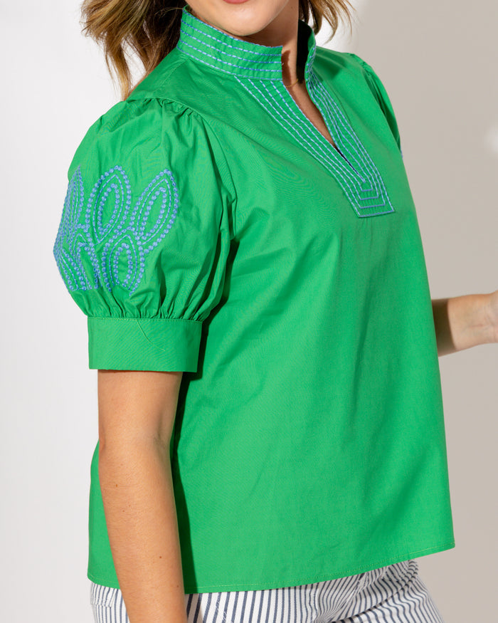 Embroidered Puff Sleeve Top in Green