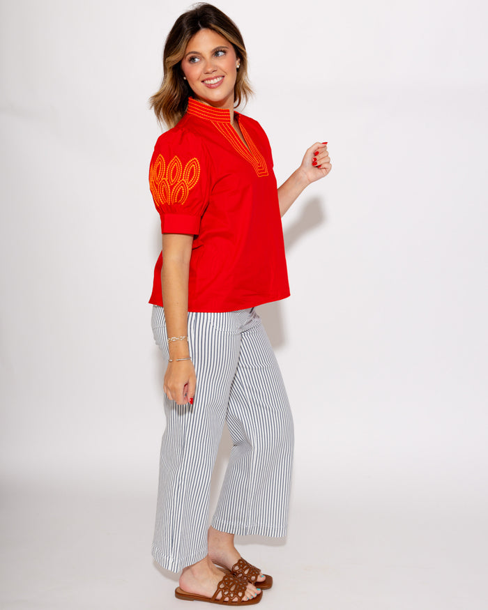 Embroidered Puff Sleeve Top in Red