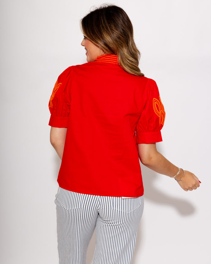 Embroidered Puff Sleeve Top in Red