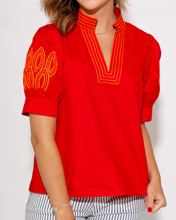 Embroidered Puff Sleeve Top in Red