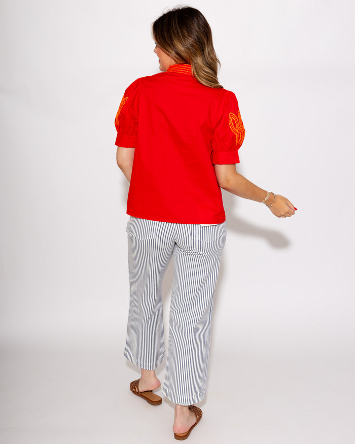 Embroidered Puff Sleeve Top in Red