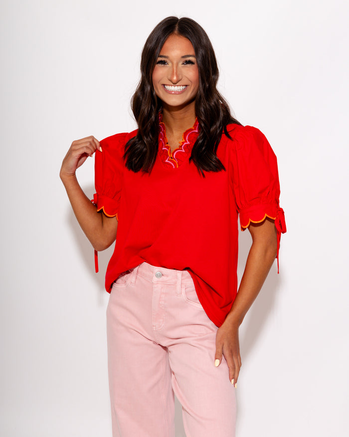 Embroidered Scallop Puff Sleeve Top in Red