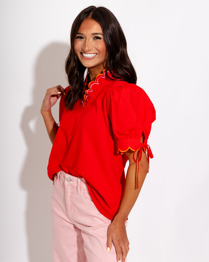 Embroidered Scallop Puff Sleeve Top in Red