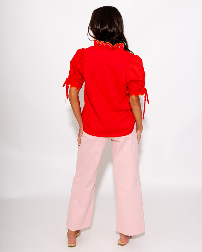 Embroidered Scallop Puff Sleeve Top in Red