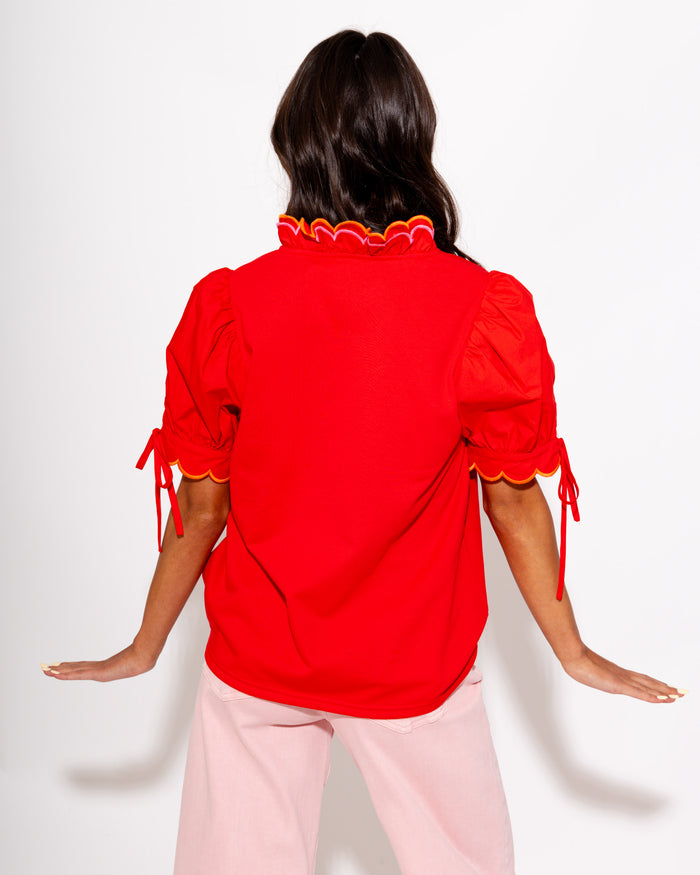Embroidered Scallop Puff Sleeve Top in Red