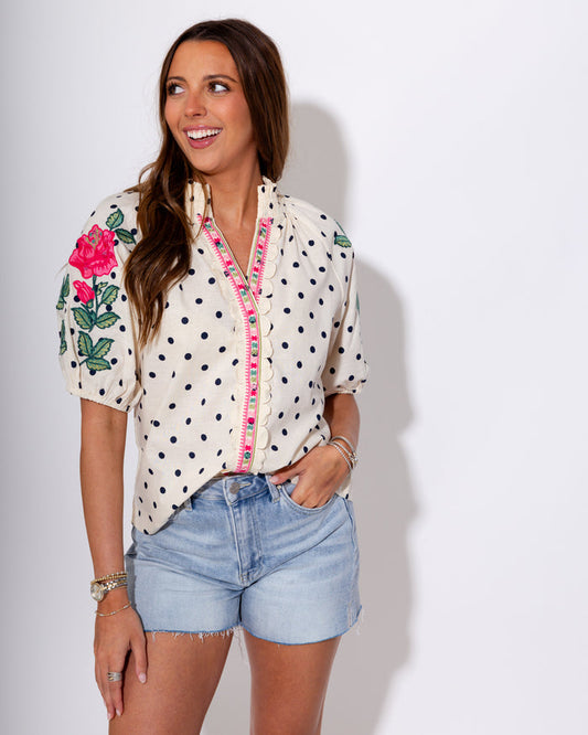 Embroidered Sleeve Polka Dot Top