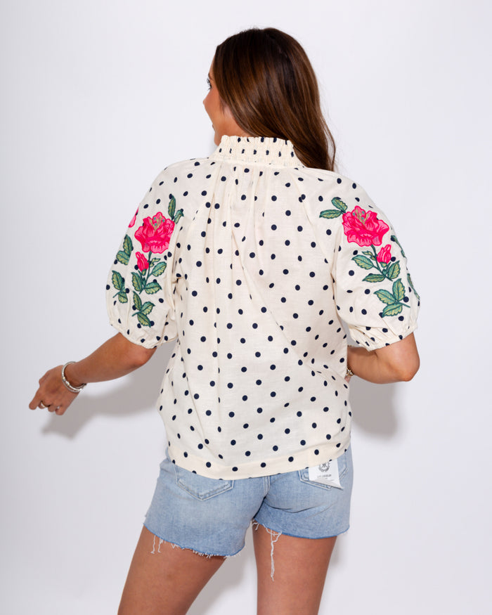 Embroidered Sleeve Polka Dot Top