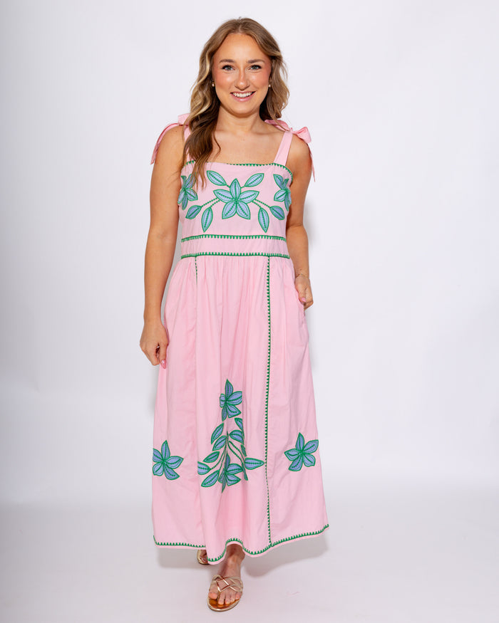 Embroidered Tie Strap Flowing Midi Dress - THML - Gaudie & Co. Texas Boutique