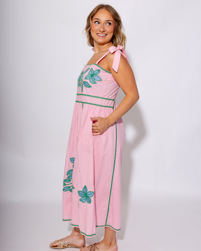 Embroidered Tie Strap Flowing Midi Dress - THML - Gaudie & Co. Texas Boutique