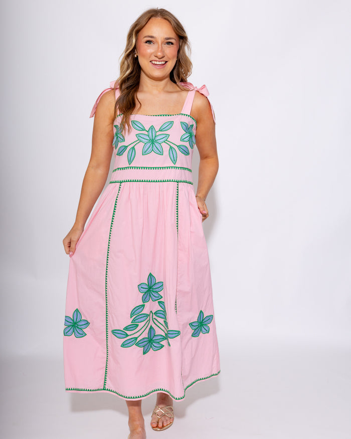 Embroidered Tie Strap Flowing Midi Dress - THML - Gaudie & Co. Texas Boutique